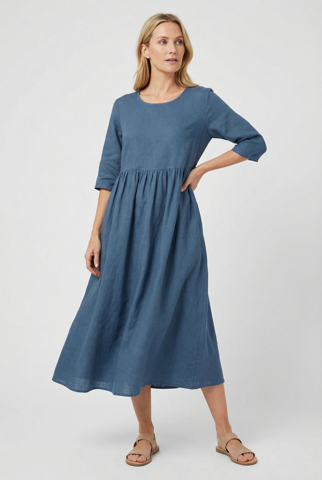 Women's short sleeve linen dress, third colour full length
