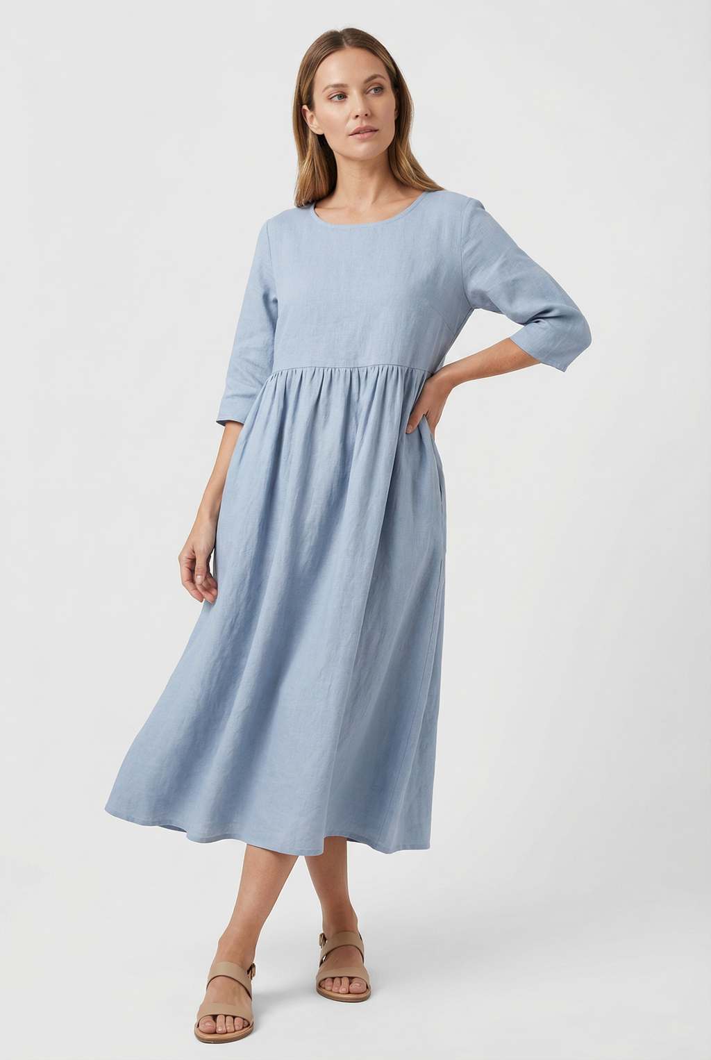 Linen Short Sleeve Casual Midi Dress – Lightweight Summer Dress