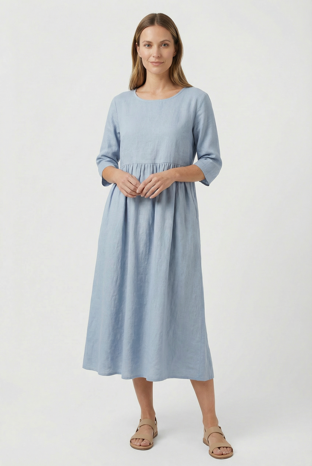 Linen Short Sleeve Casual Midi Dress – Lightweight Summer Dress