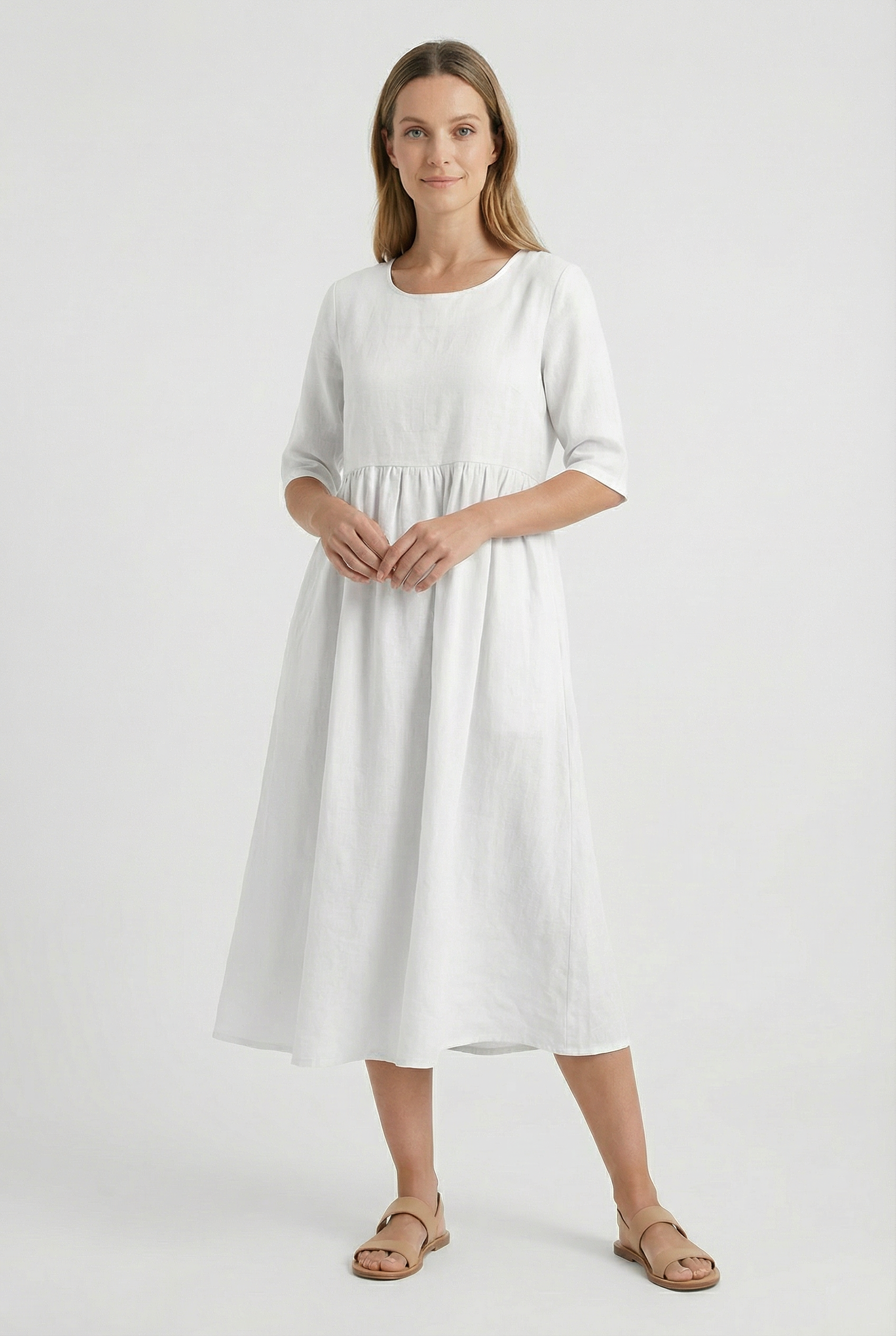 Women's Linen Short Sleeve Casual Midi Dress
