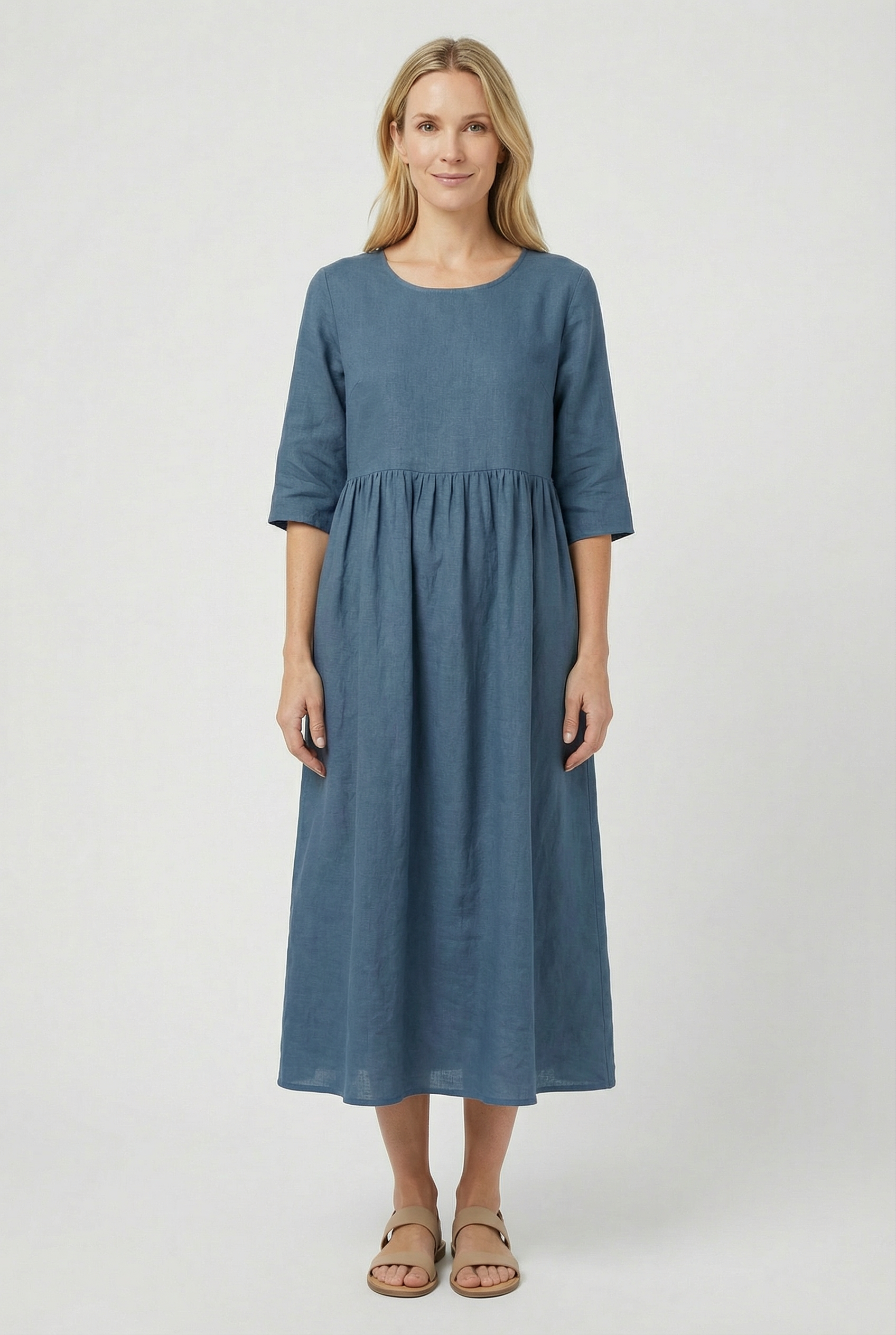 Women's Linen Short Sleeve Casual Midi Dress