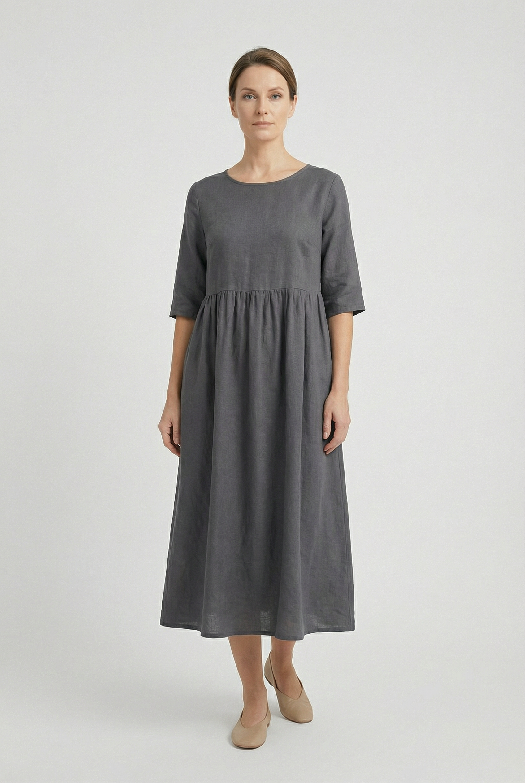 Women's Linen Short Sleeve Casual Midi Dress