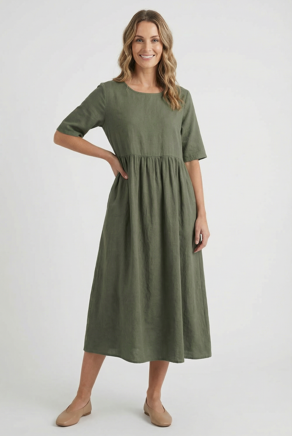 Women's linen casual midi dress in loose fit, front view