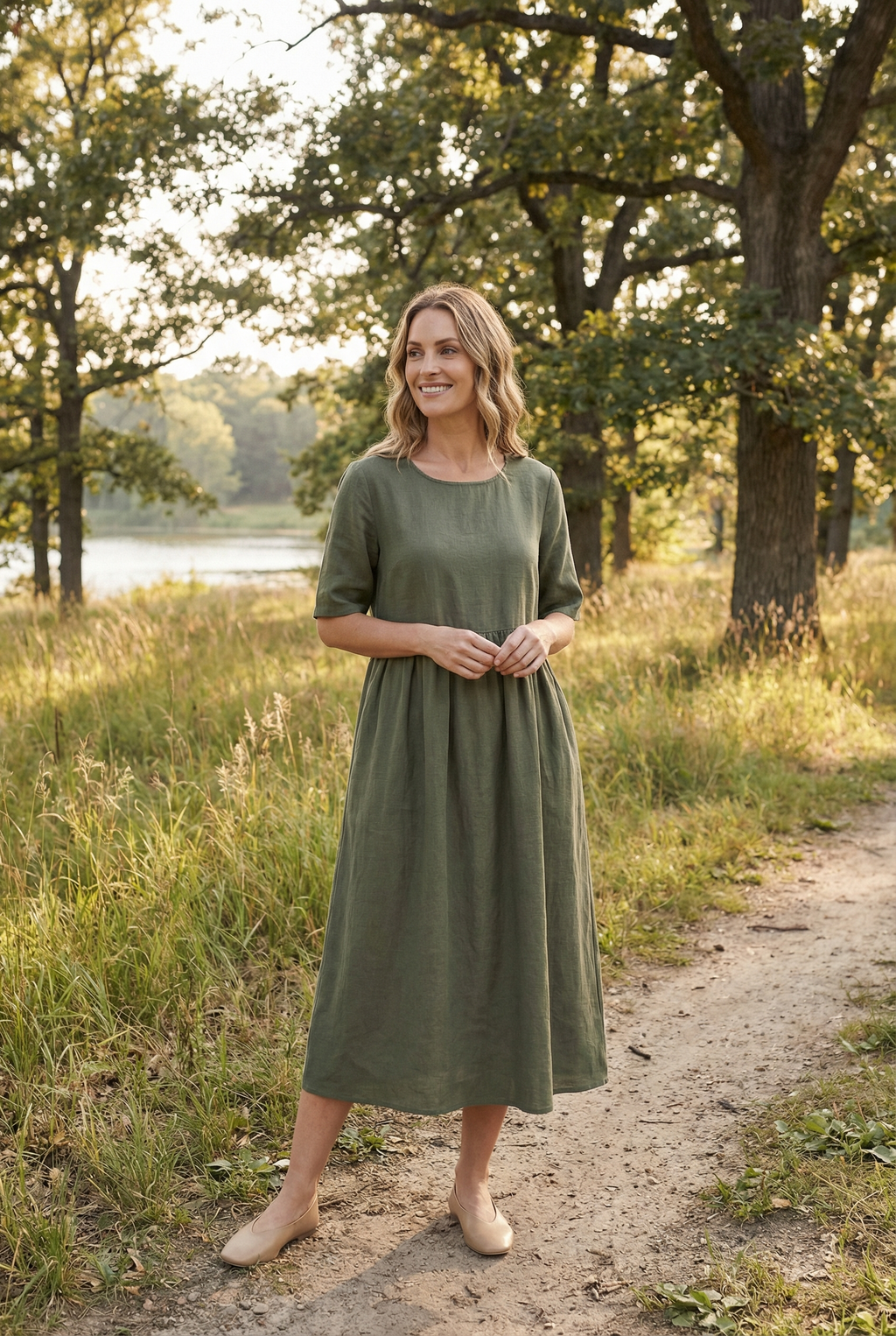 Women's linen blend dress with pockets, full length styling