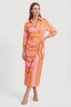 Women's wrap dress with V-neck collar, side view