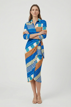 Women's bold print wrap dress, close-up of button cuff detail