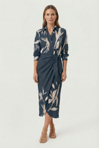 Women's wrap midi dress with waist tie, styled for a casual occasion