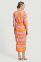 Women's ankle-length wrap dress, close-up of bold print