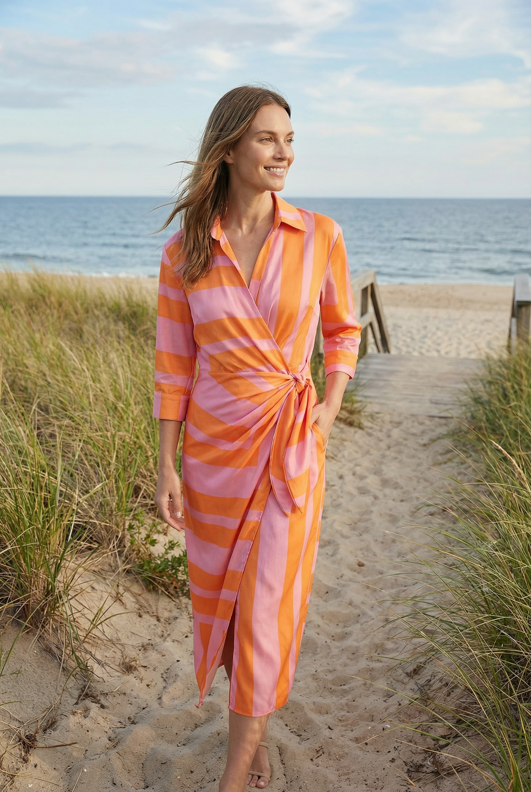 Women's Midi Dress with Adjustable Waist Tie