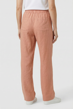 Women's casual linen trousers, close-up of high waistband