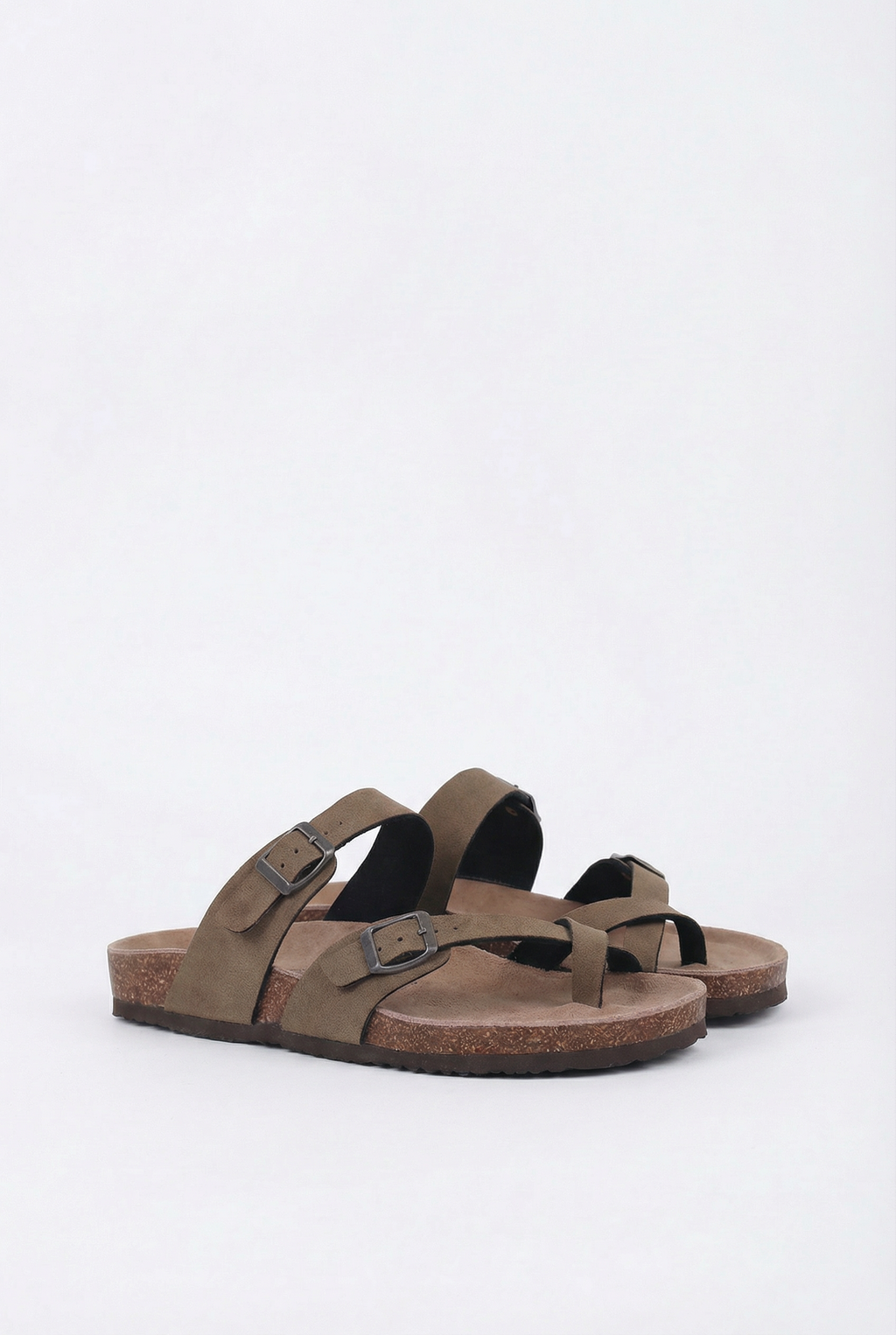 Women's suede mule slippers with cork insole and arch support, front view