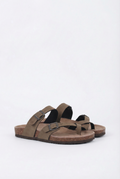 Women's suede mule slippers with cork insole and arch support, front view