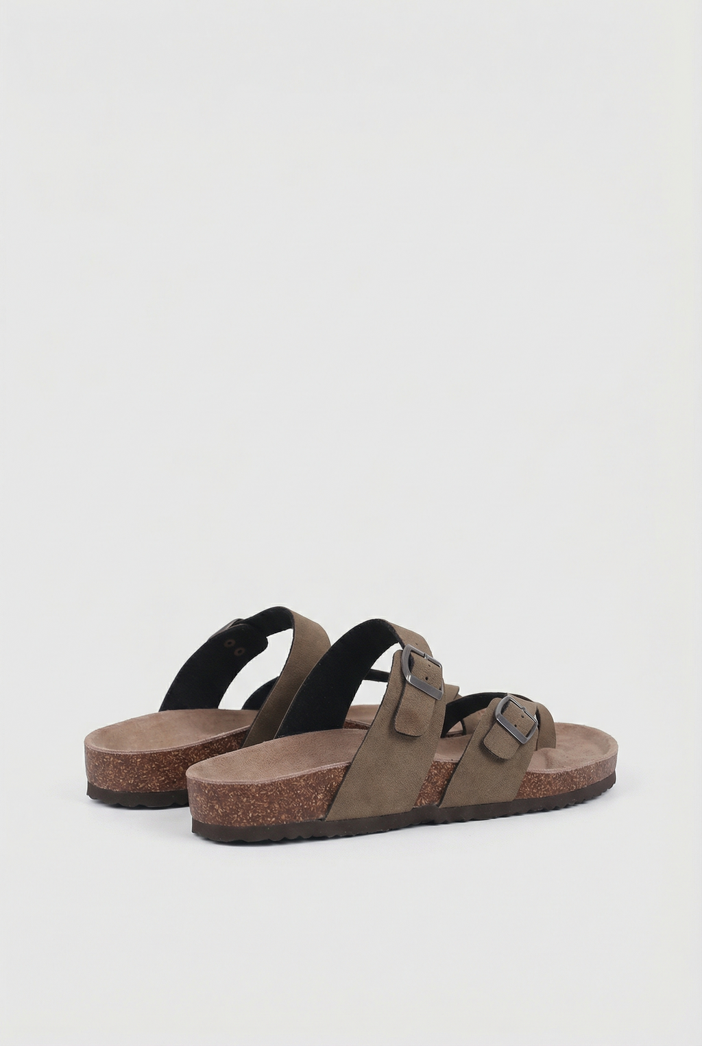 Women's cork insole slippers, close-up of adjustable metal buckle strap