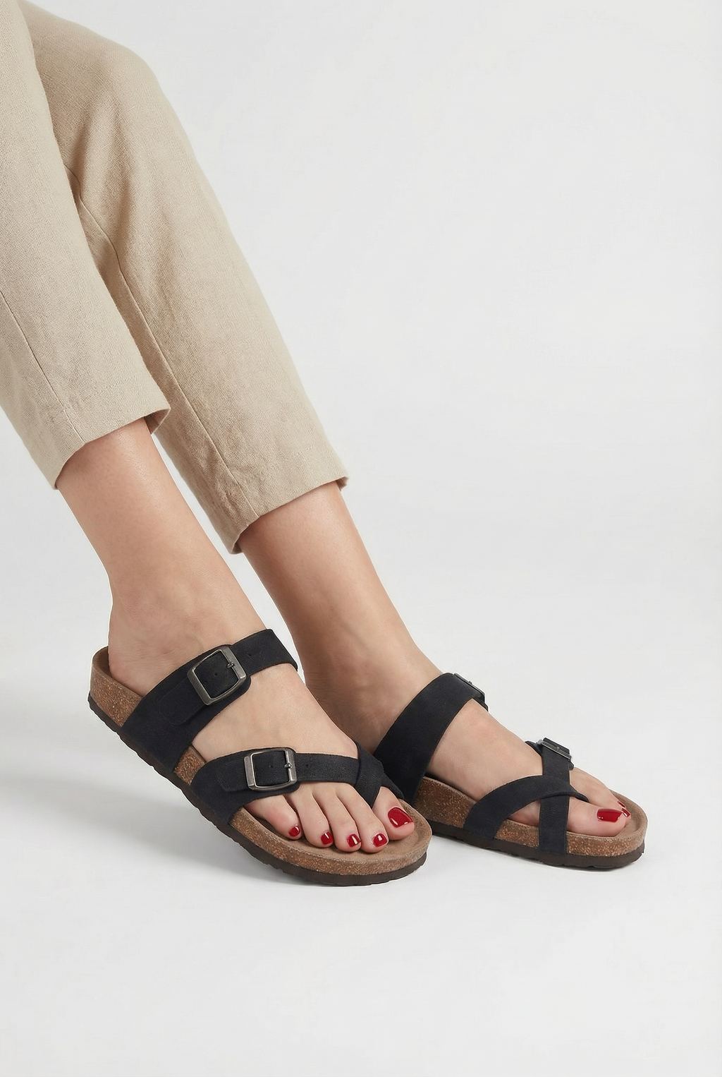 Women's cork mule slippers, back view showing heel cup
