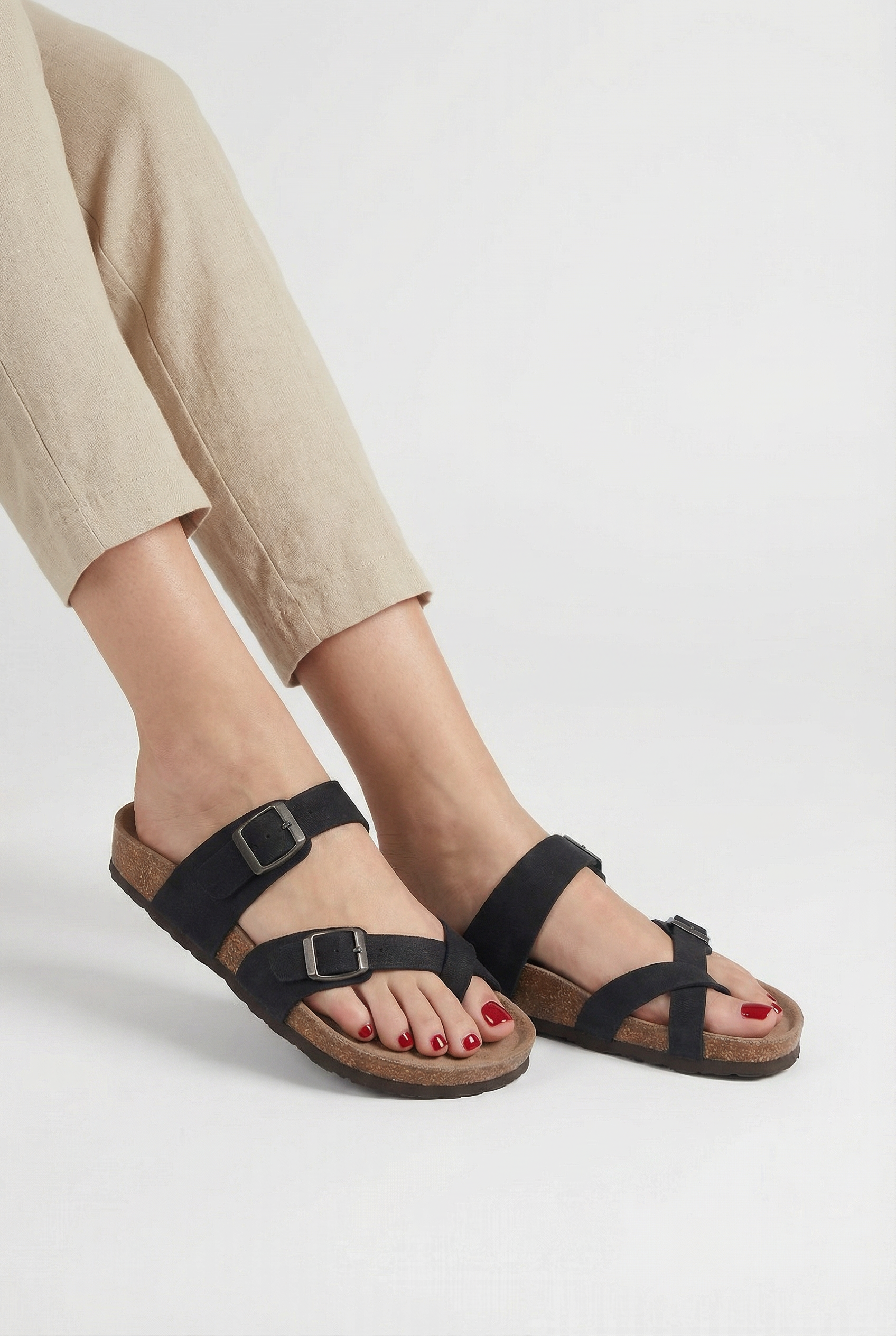 Women's cork mule slippers, back view showing heel cup