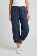 Women's high waisted cotton pants, side view showing silhouette