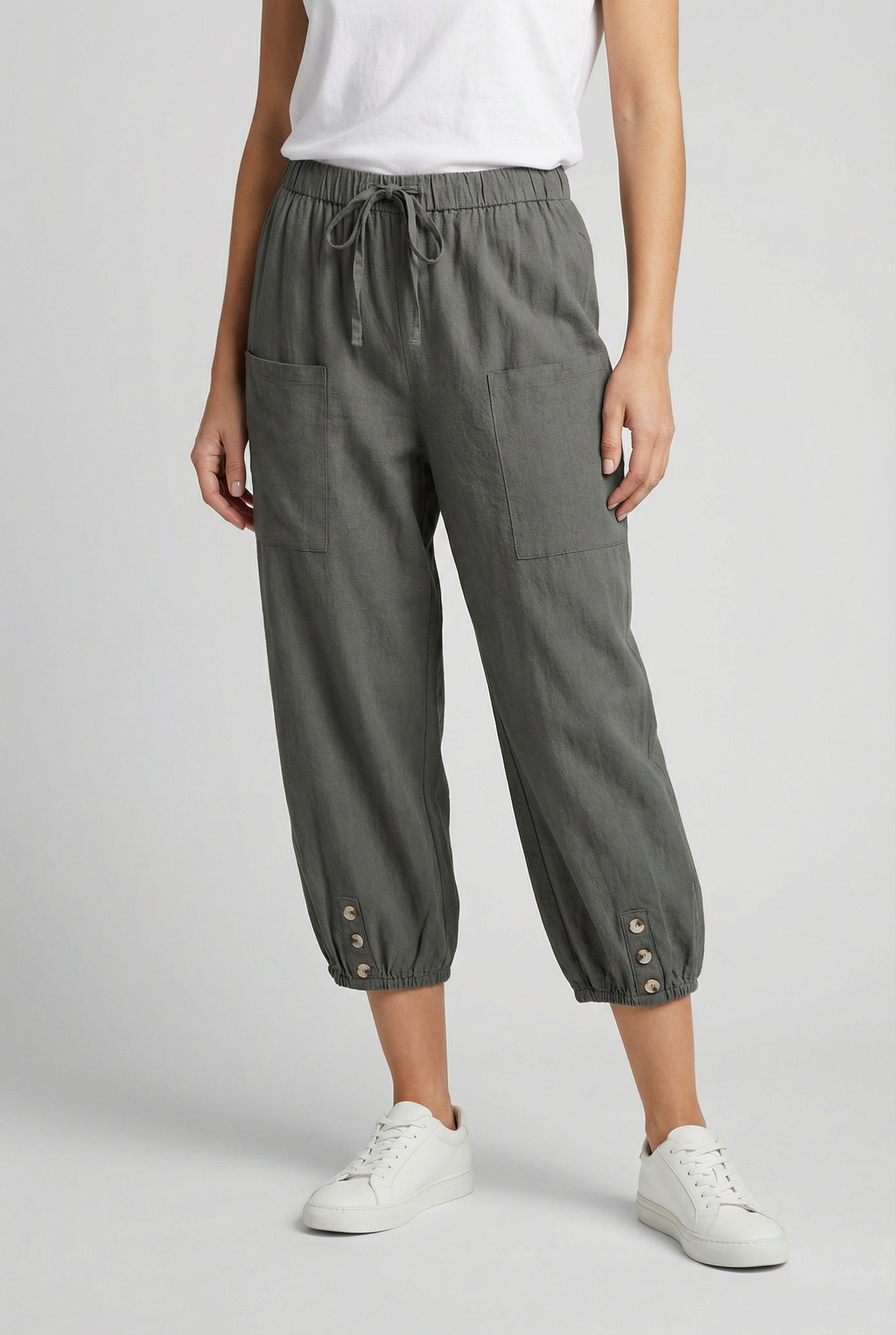 Women's stretch cotton trousers, fabric texture close-up