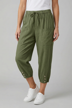 Women's high waist cotton trousers, full length front view in third colour