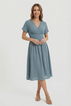 Women's sleeveless flared midi dress, back view