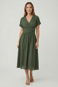 Women's sleeveless cocktail midi dress with V-neckline, front view