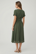 Women's V-neck midi dress, close-up of pleated waist detail