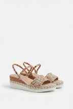 Women's platform wedge sandals with colourful woven upper, front view