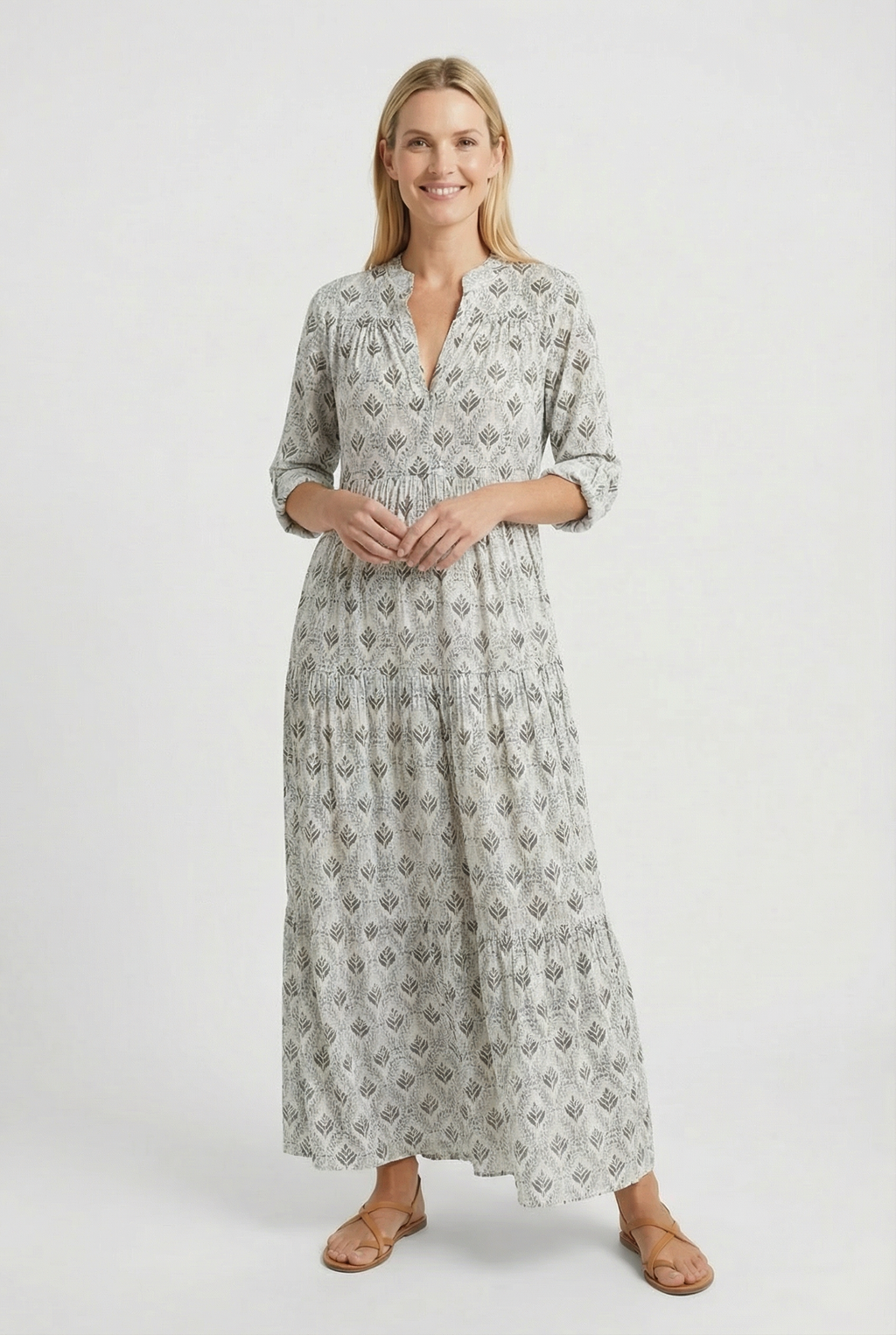 Women's vintage print dress, flowing fabric close-up