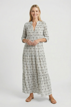 Women's vintage print dress, flowing fabric close-up
