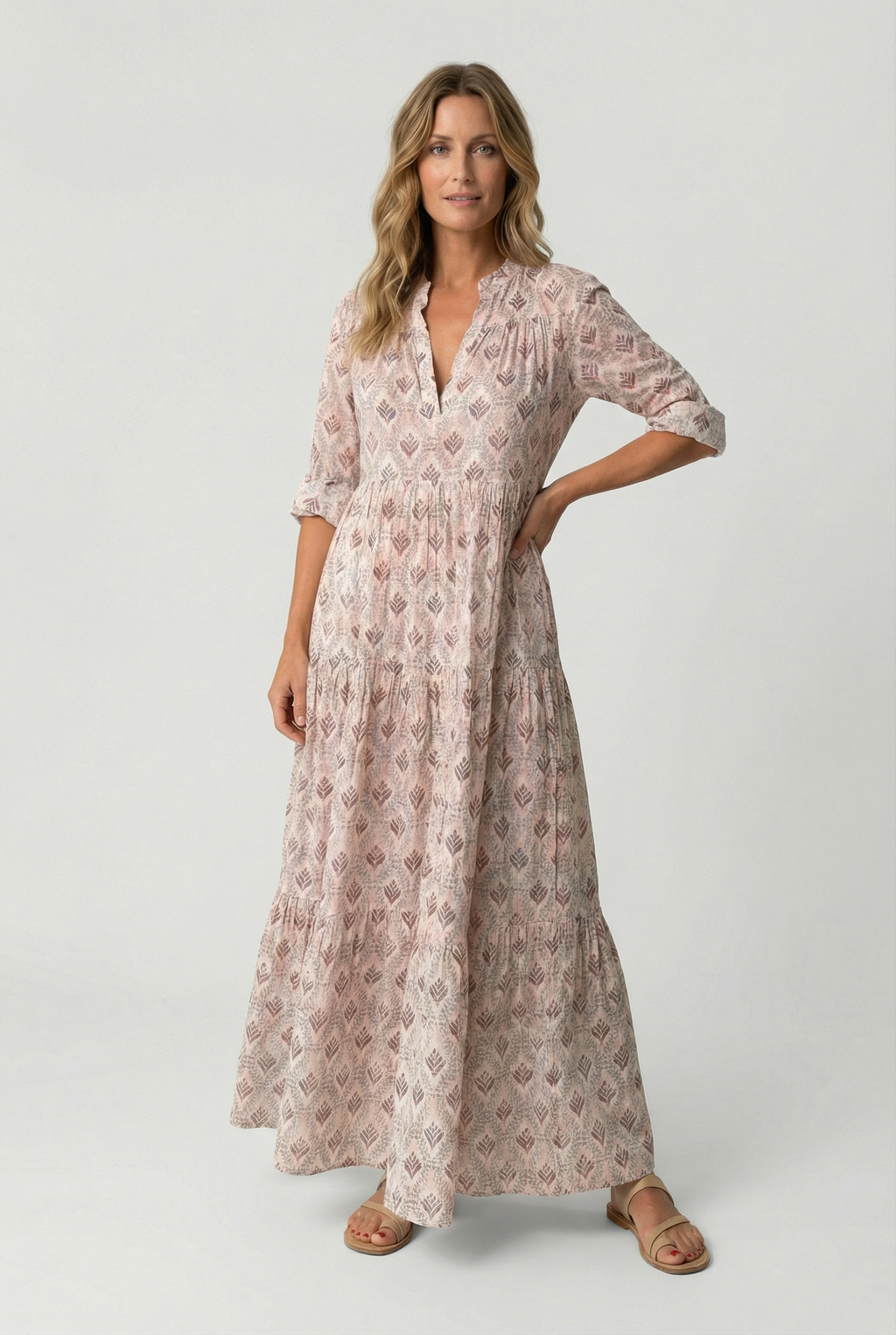 Women's lightweight V-neck maxi dress with vintage print, front view