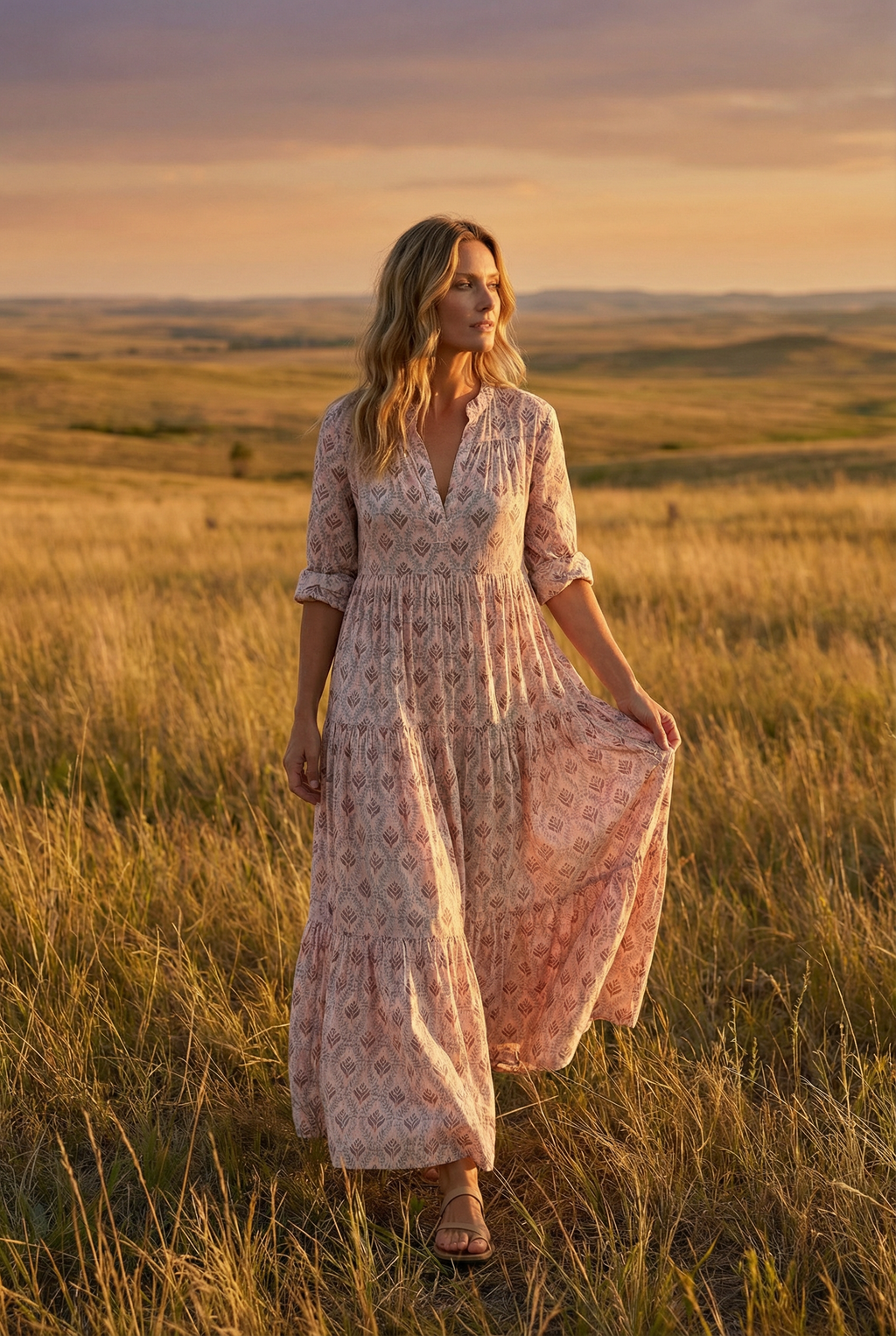 Women's V-neck loose maxi dress styled with sandals, full length