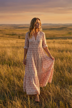 Women's V-neck loose maxi dress styled with sandals, full length