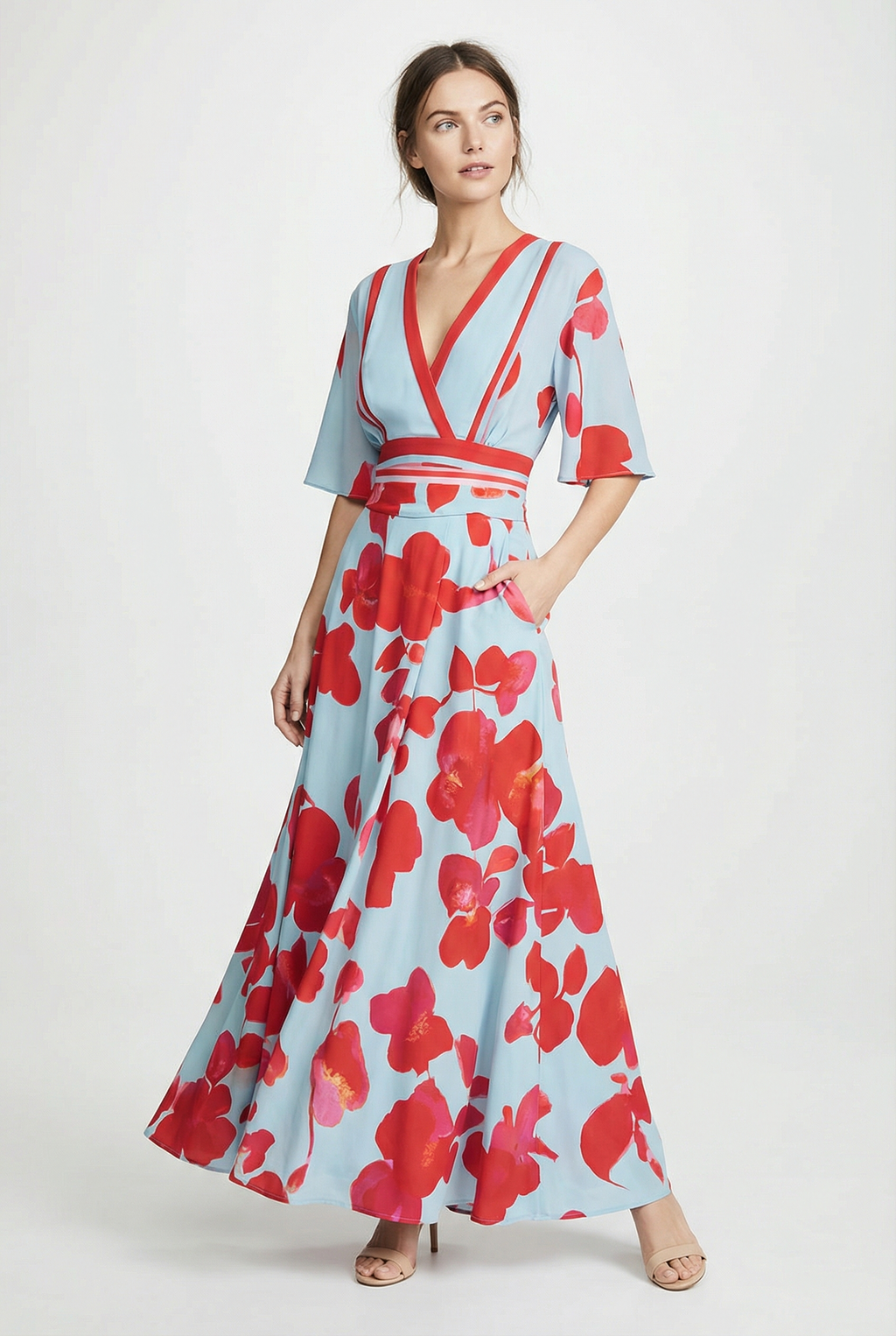 Floral V-neck wrap maxi dress – women's kimono sleeve contrast waist trim