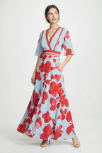 Floral V-neck wrap maxi dress – women's kimono sleeve contrast waist trim