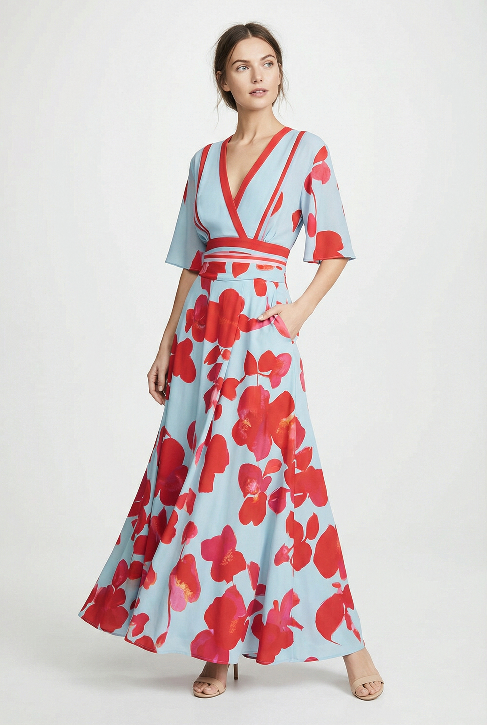 Floral V-neck wrap maxi dress – women's kimono sleeve contrast waist trim