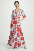 Women's floral kimono sleeve wrap maxi dress – light blue red print front view