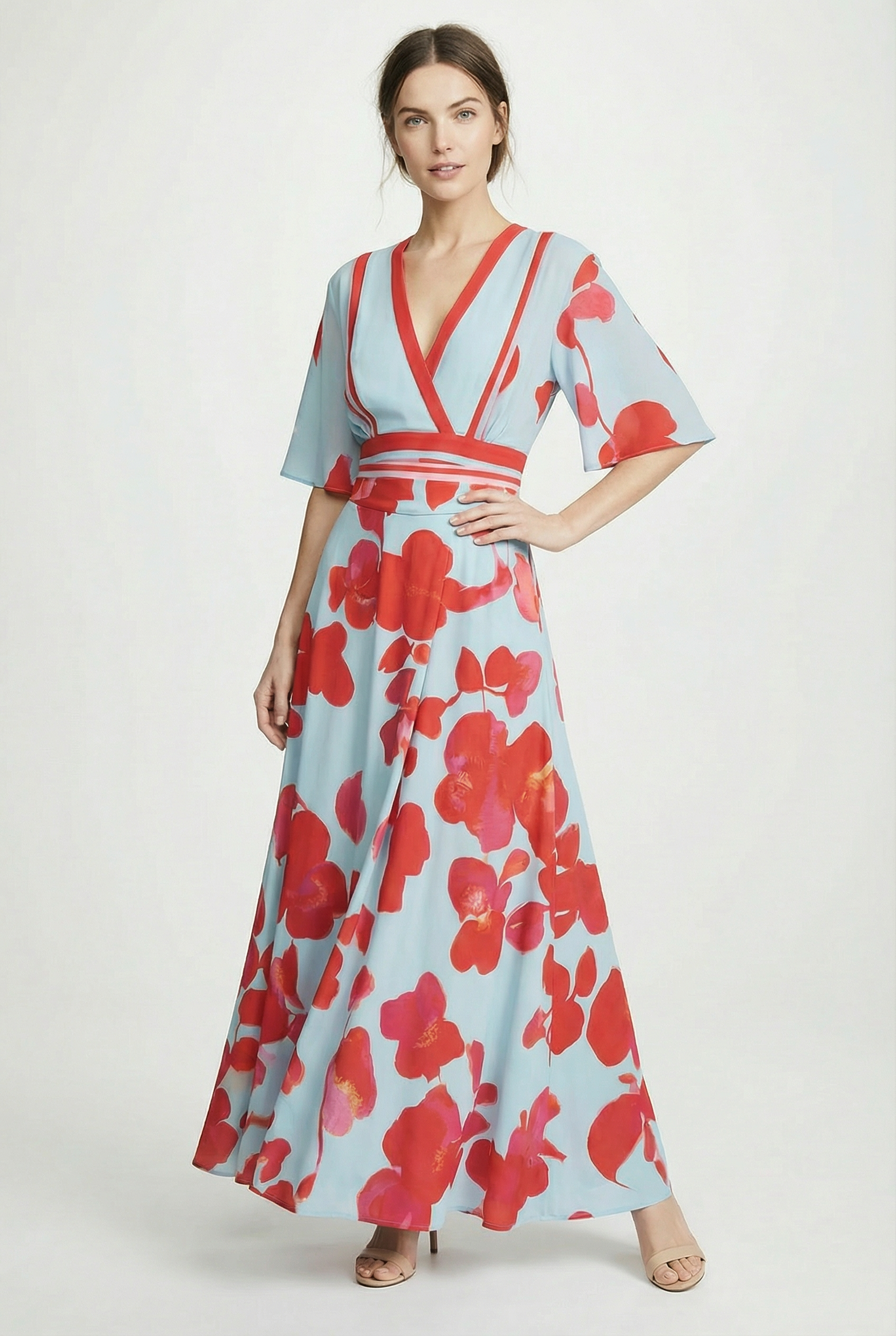 Women's floral kimono sleeve wrap maxi dress – light blue red print front view