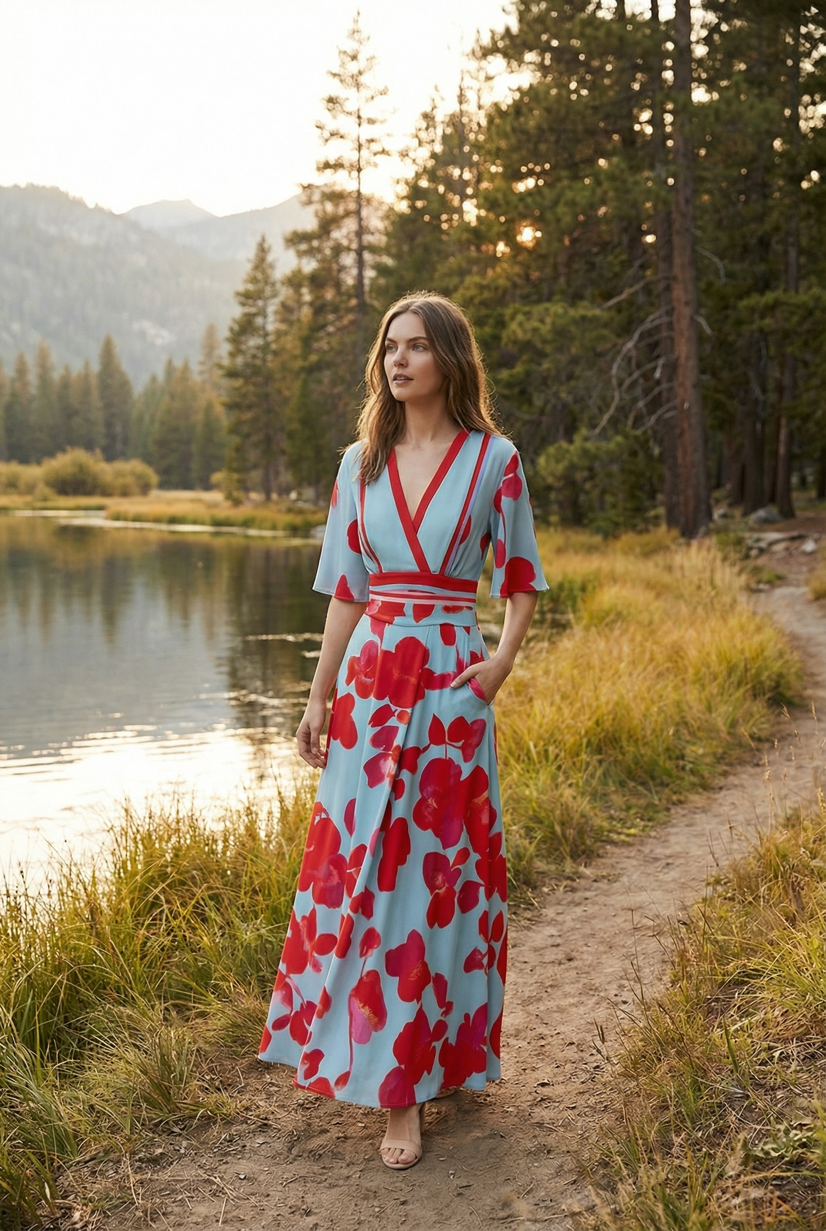 Floral kimono sleeve maxi dress – women's outdoor lifestyle full length view