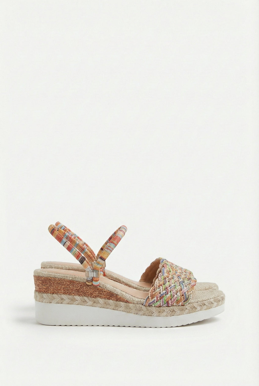 Women's colourful woven sandals, side view showing wedge height