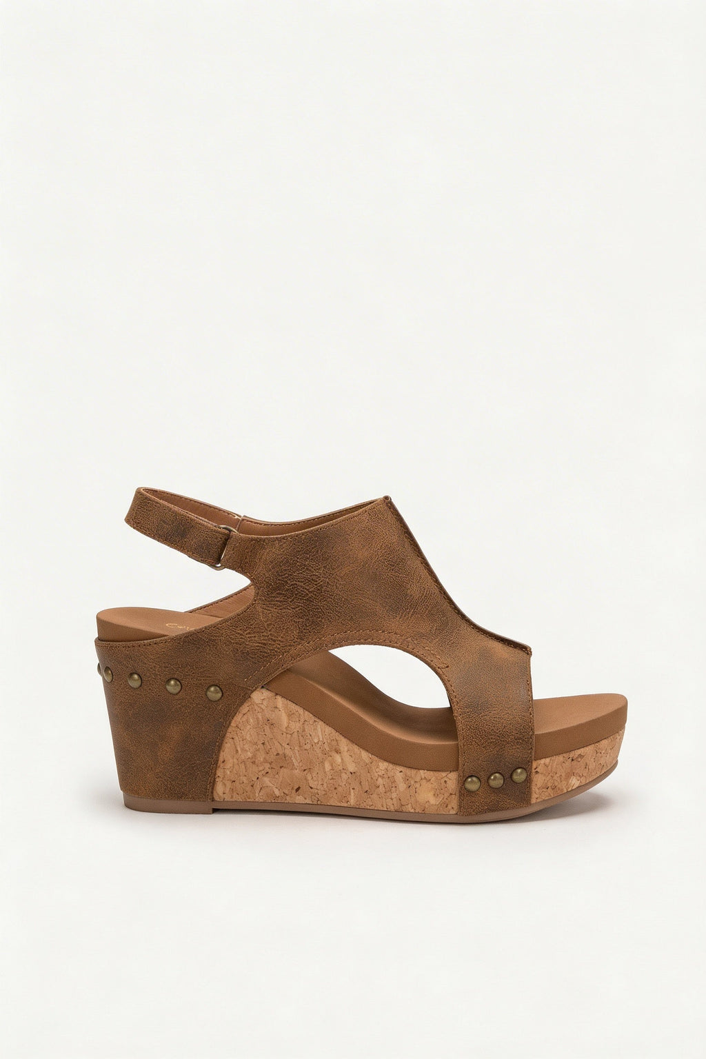 Women's cork wedge sandals, side view showing platform height