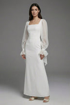 Women's white square neck evening maxi dress – long sleeve front view