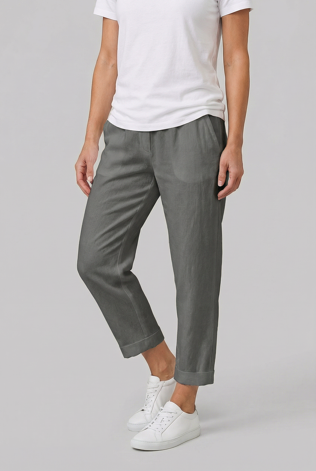 Women's straight-leg linen pants, close-up of hidden side pocket
