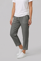 Women's straight-leg linen pants, close-up of hidden side pocket