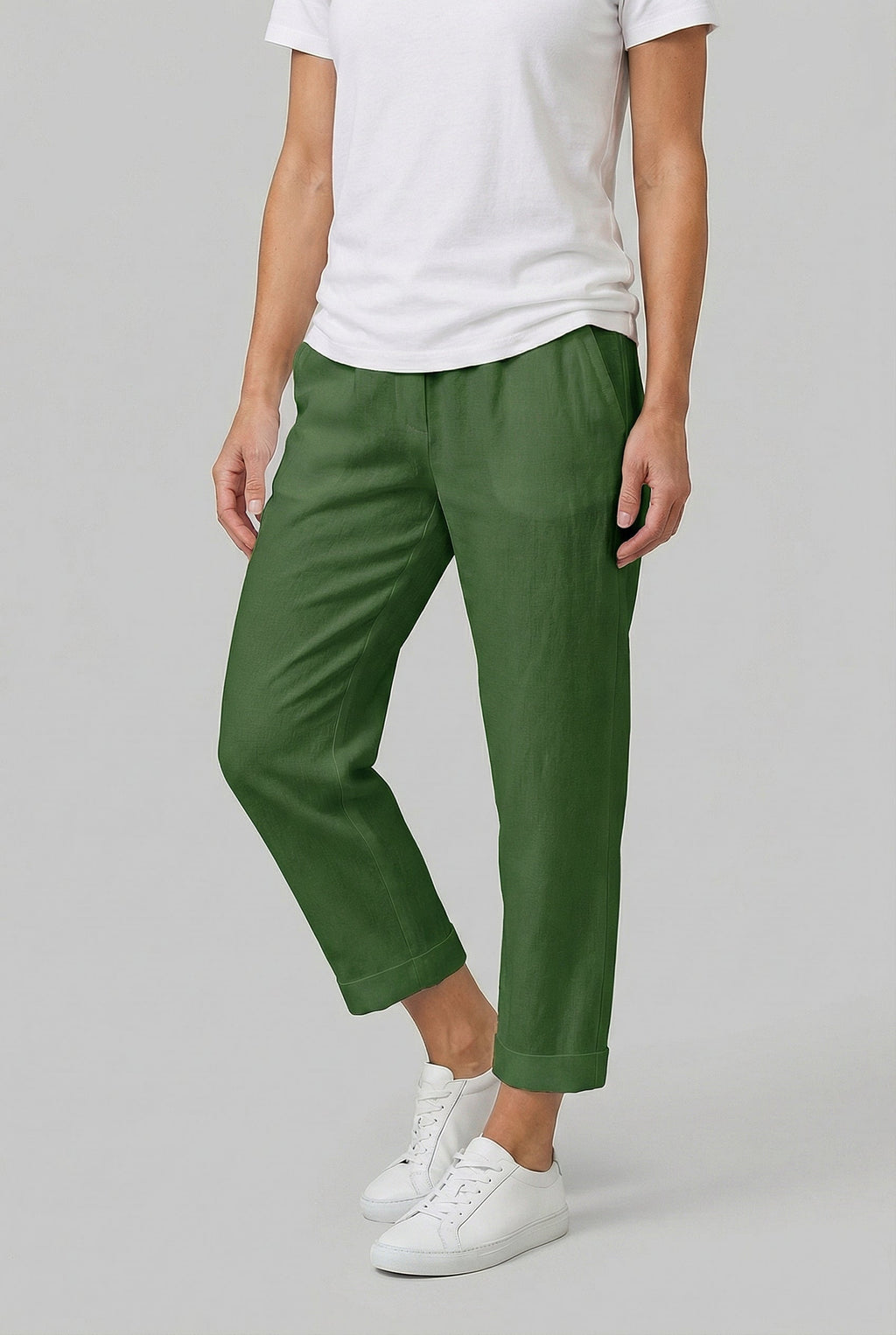 Women's lightweight linen trousers in alternate colour, front view