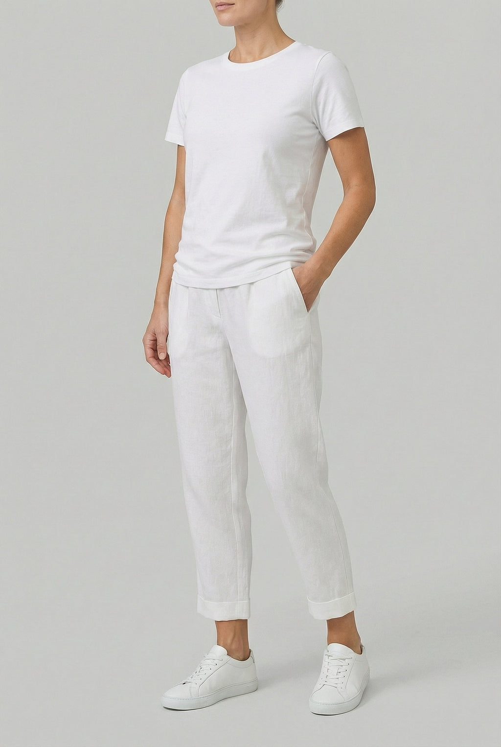 Women's lightweight straight-leg linen trousers, front view