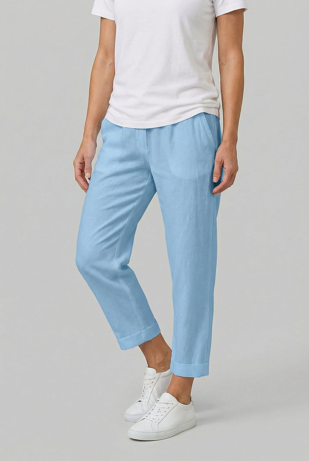 Women's straight-leg summer pants, fabric texture close-up