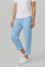 Women's straight-leg summer pants, fabric texture close-up