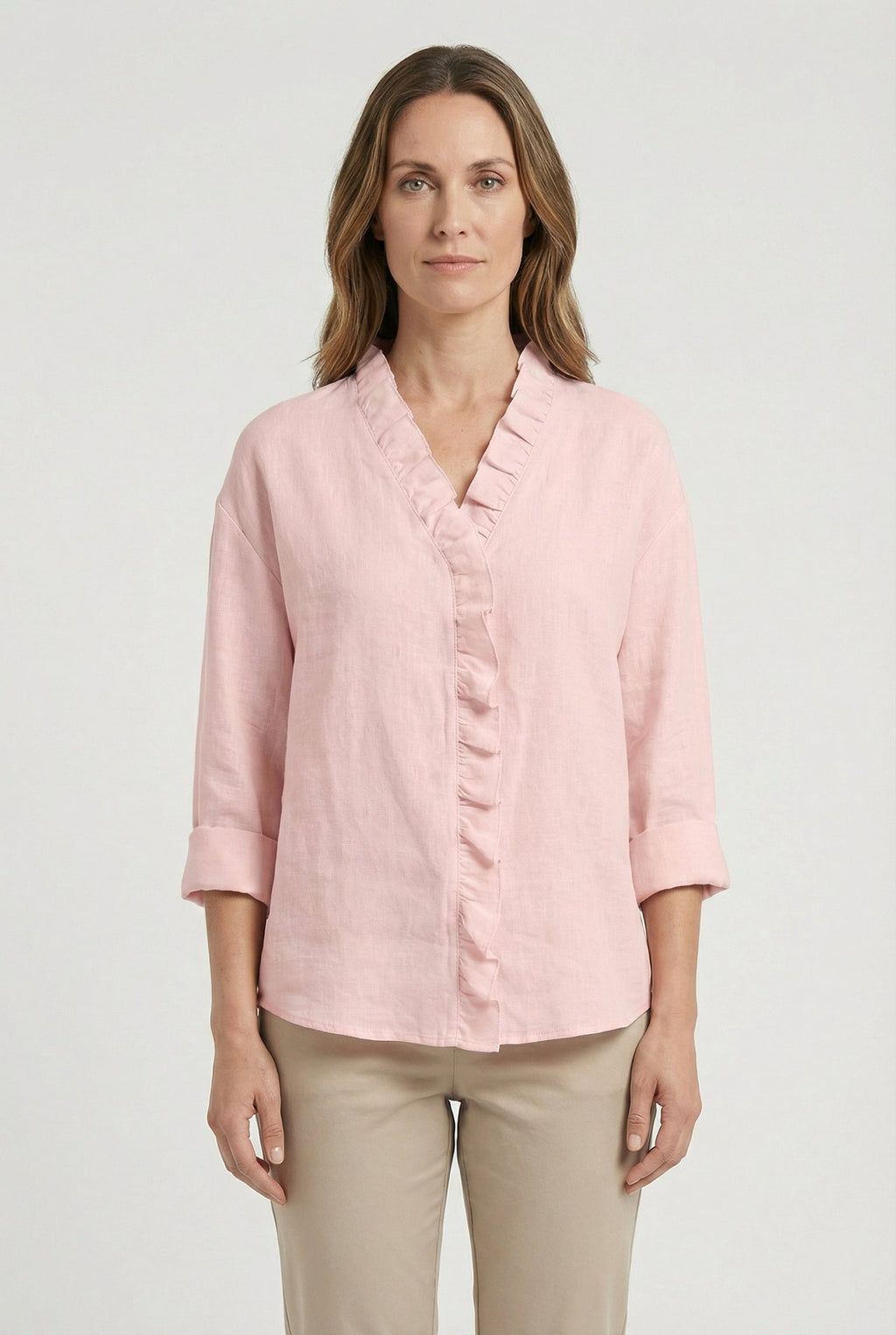 Women's long sleeve ruffle blouse in relaxed fit, front view