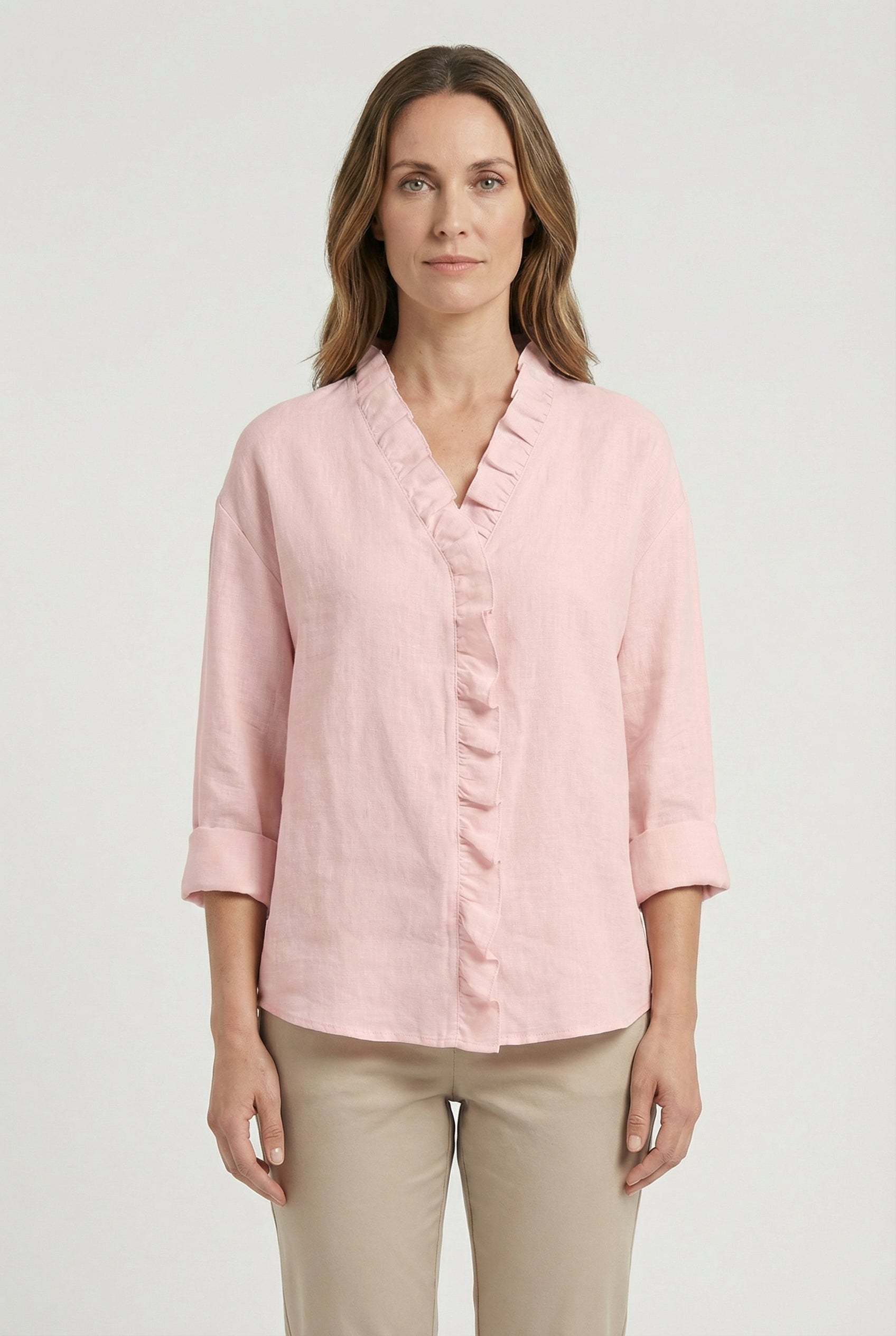 Women's long sleeve ruffle blouse in relaxed fit, front view