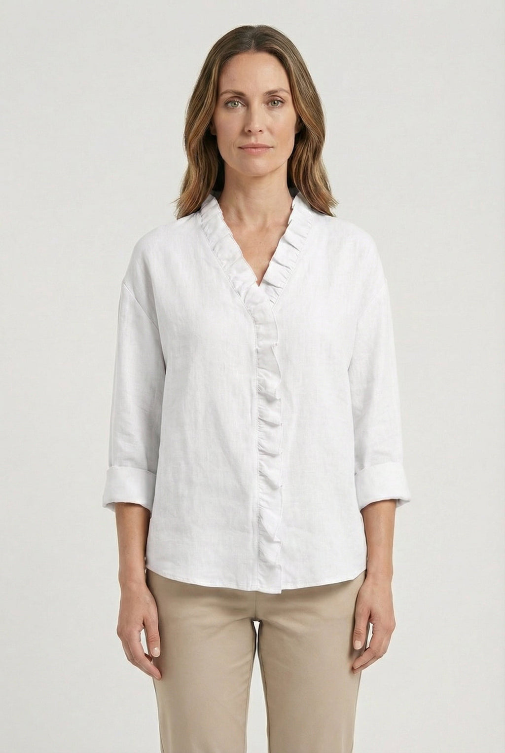 Women's ruffle blouse, back view showing relaxed silhouette
