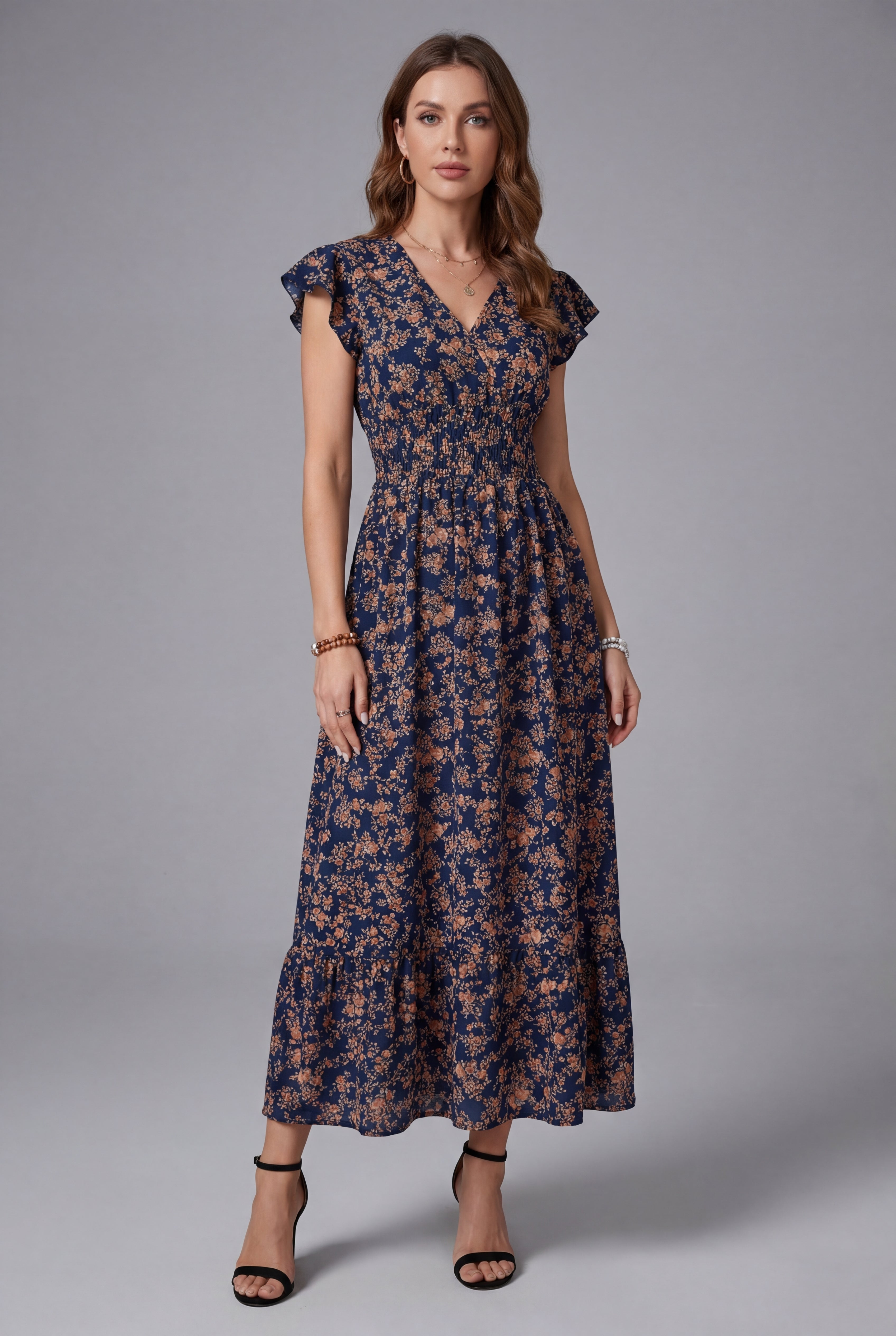 Women’s Ascot Floral V Neck Shirred Waist Midi Dress
